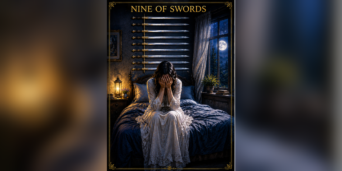 Nine of Swords tarot card artwork with exactly nine swords