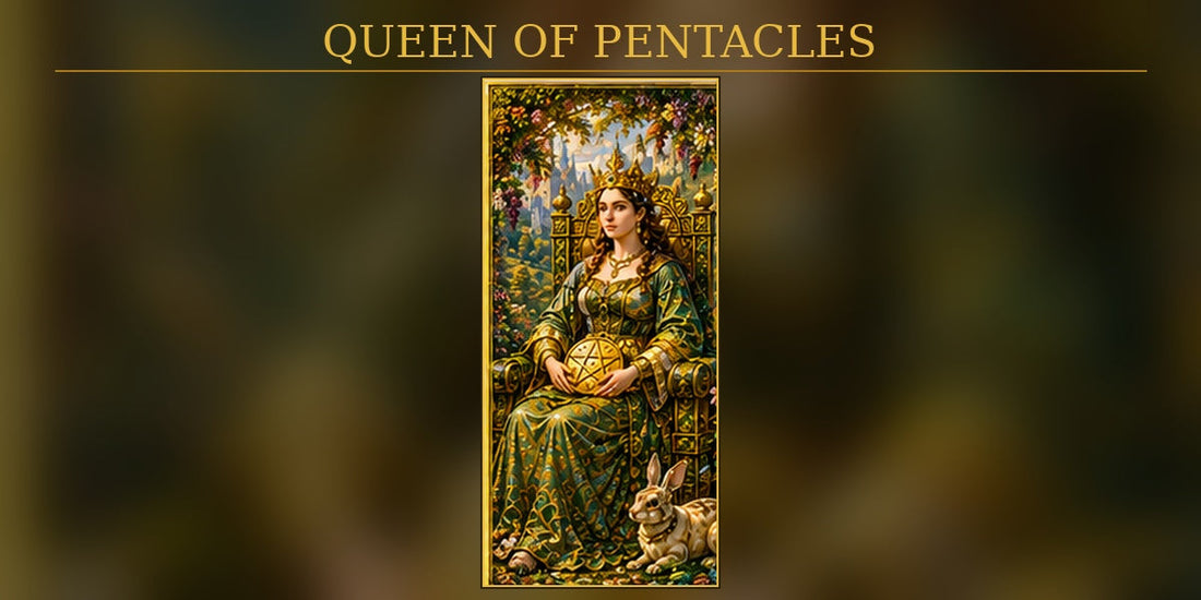 Queen of Pentacles tarot artwork with realistic natural human eyes and matching Pentacles background style