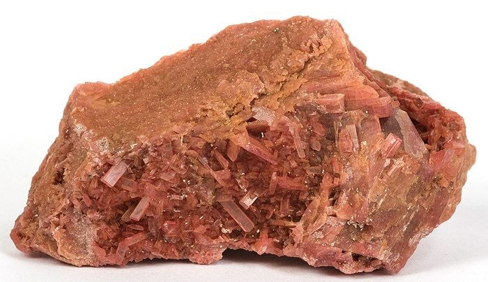 Natural rhodonite crystal specimen from Broken Hill, New South Wales, Australia; Rob Lavinsky, CC BY-SA 3.0 — Roosters Peacock crystal guide