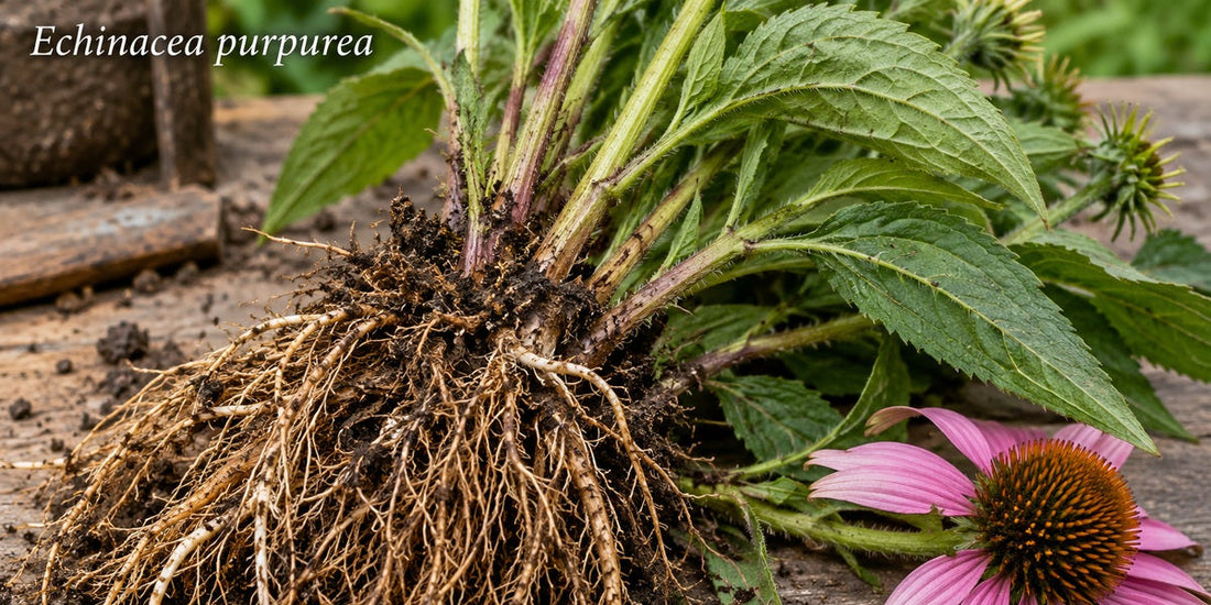 Echinacea purpurea fibrous root crown, leaves, and flower — original Roosters Peacock botanical visualization