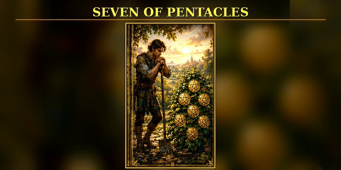 Seven of Pentacles tarot artwork with exactly seven clearly visible pentacles