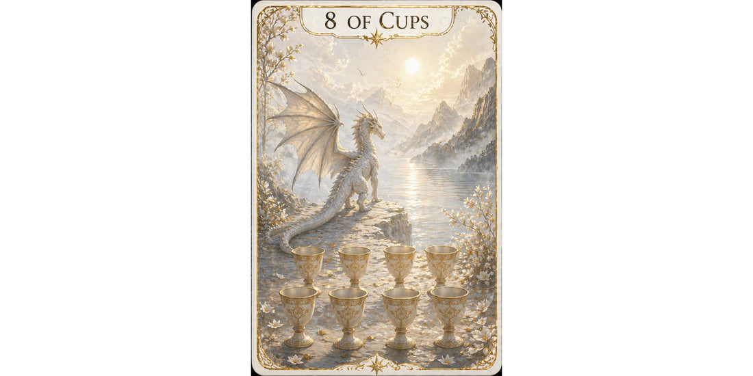 Eight of Cups tarot card — a cloaked figure in red walks away from eight golden cups stacked under the moonlight, heading toward distant mountains with a staff in hand