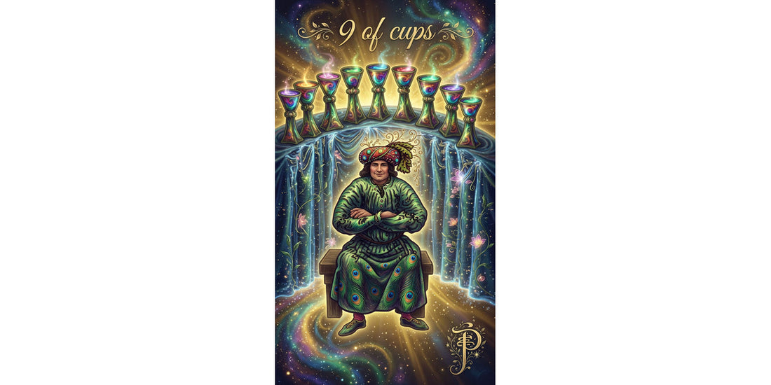 Nine of Cups tarot card — a contented man sits on a wooden bench with arms crossed and a proud smile, nine golden cups arranged in a perfect arc behind him like trophies
