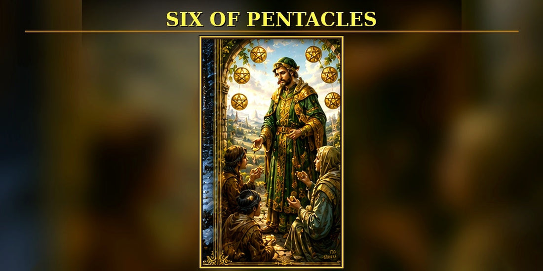 Six of Pentacles tarot artwork with exactly six clearly visible pentacles