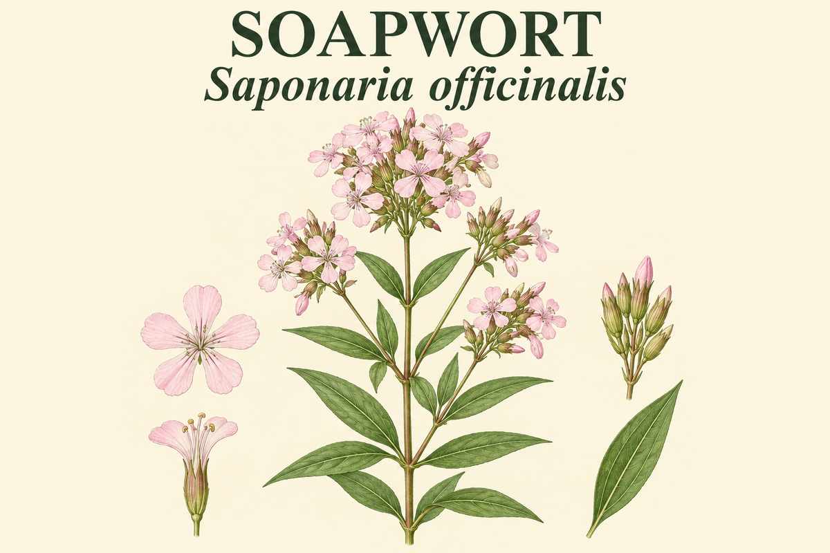 Editorial soapwort botanical illustration labeled Soapwort and Saponaria officinalis at the top