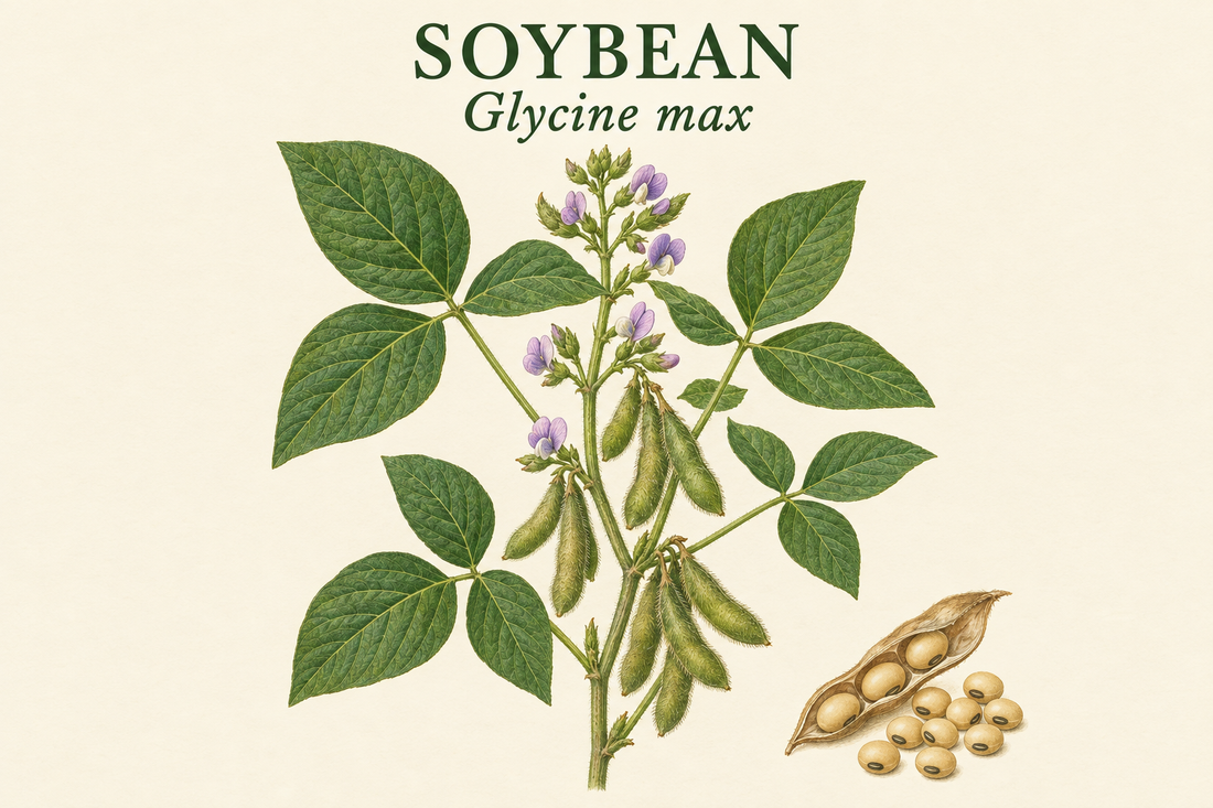 Editorial illustration labeled Soybean and Glycine max, showing trifoliate leaves, flowers, pods and seeds