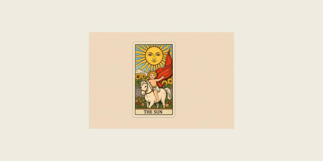 The Sun tarot card — Major Arcana XIX, depicting a radiant sun, sunflowers, and a white horse symbolizing joy, clarity, and success