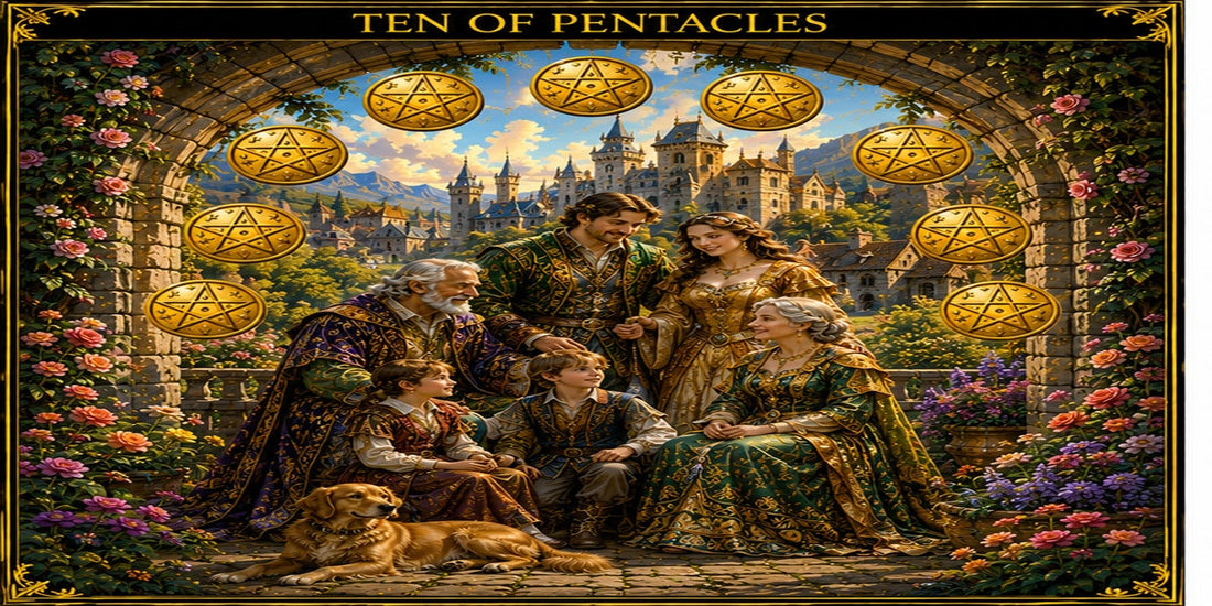 Ten of Pentacles tarot artwork with centered composition and exactly ten visible pentacles