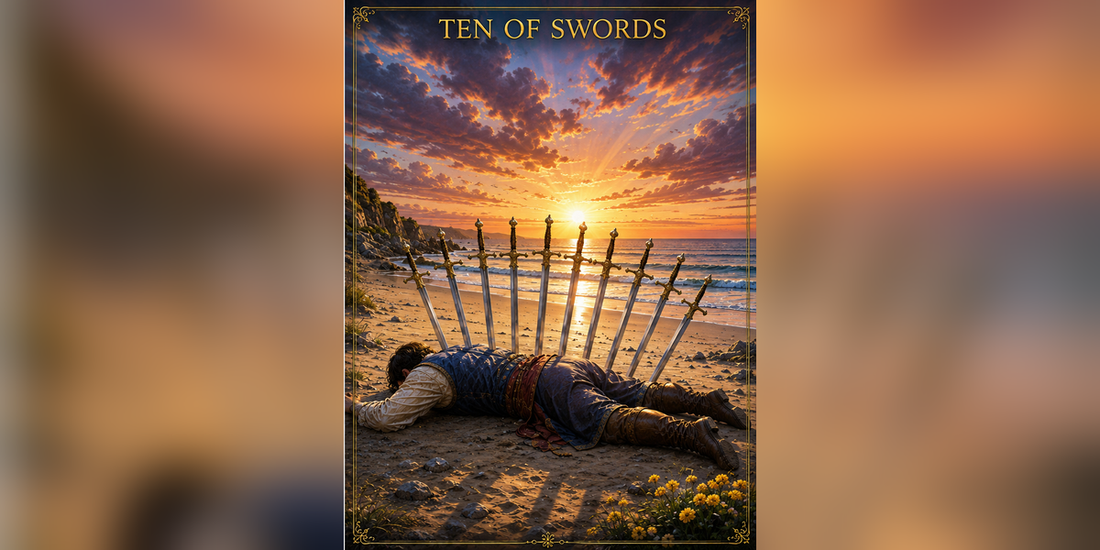 Ten of Swords tarot card artwork with exactly ten swords