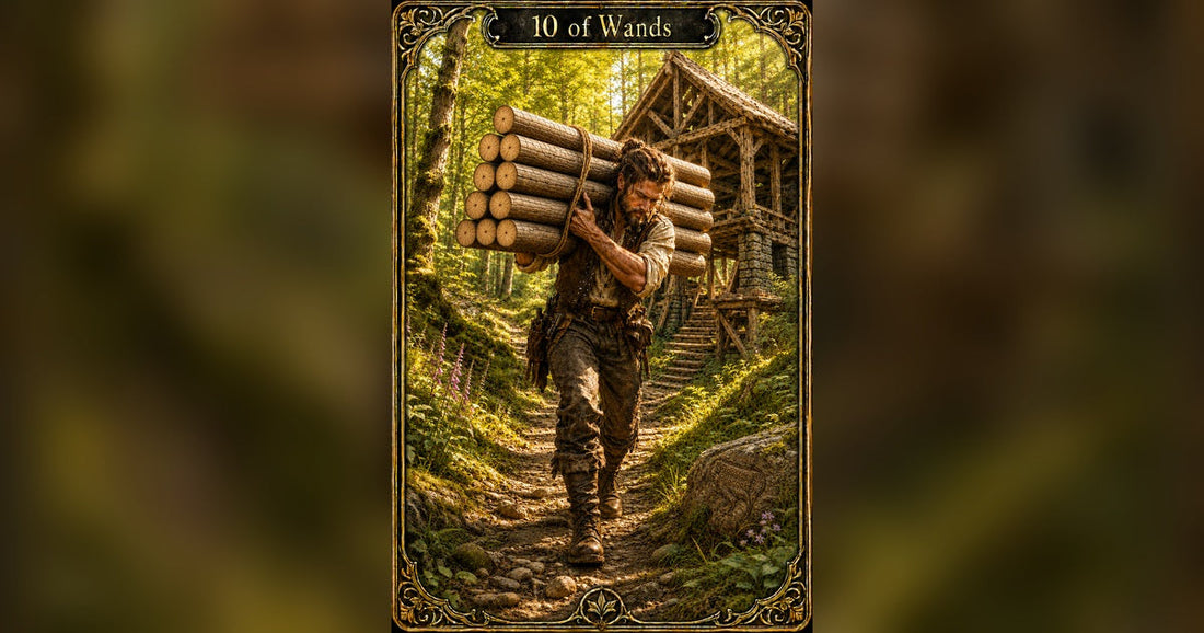 Ten of Wands tarot card — full artwork