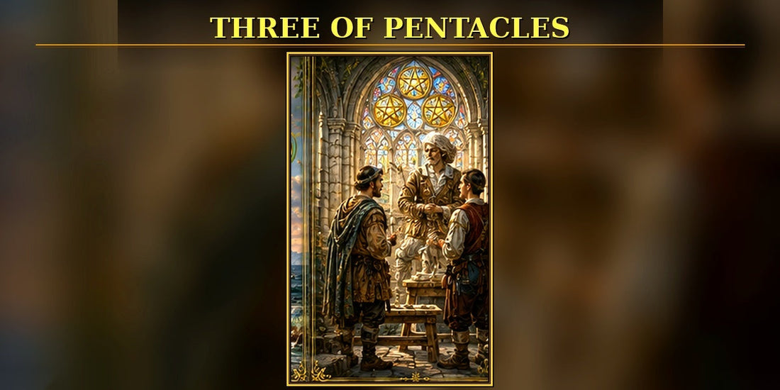 Three of Pentacles tarot artwork with exactly three clearly visible pentacles