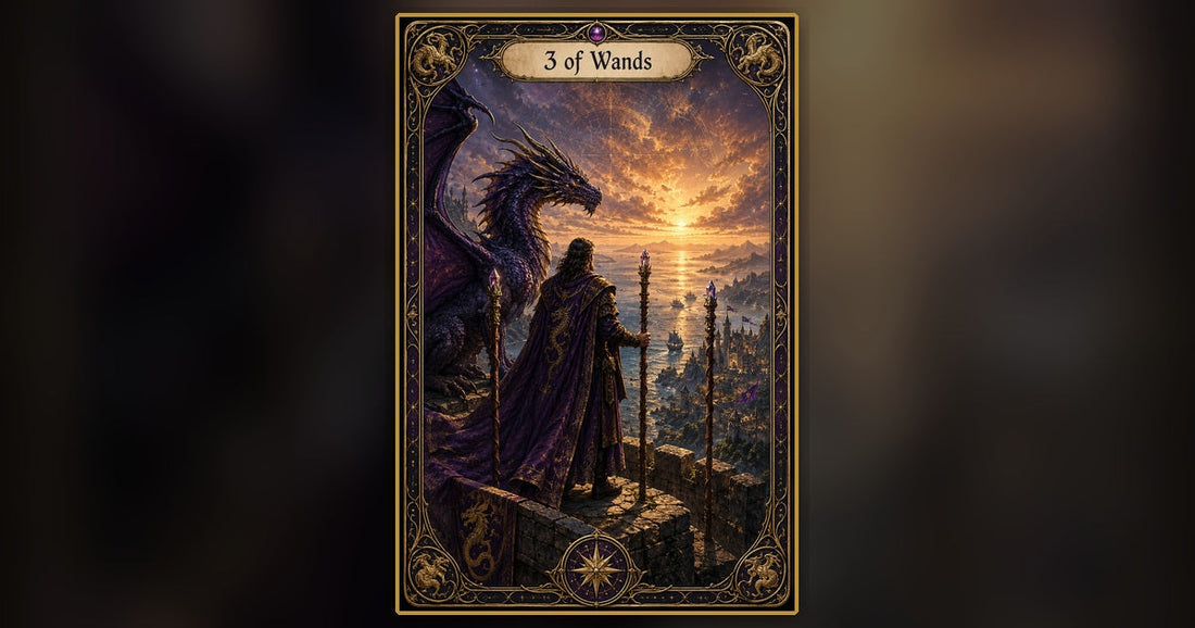 Three of Wands tarot card — full artwork
