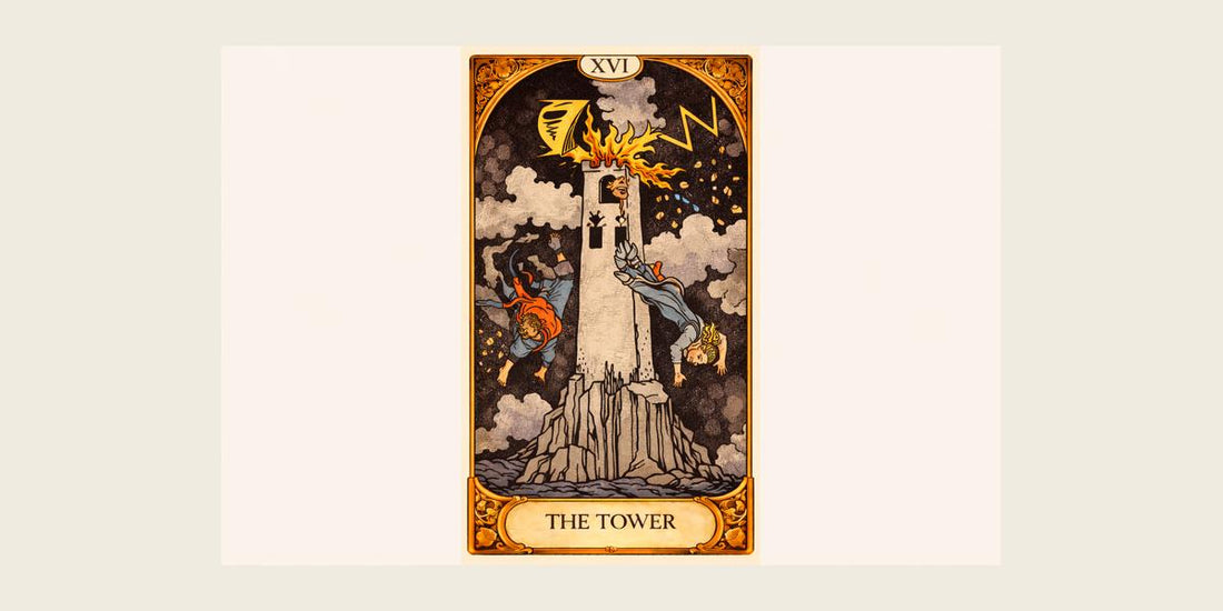 The Tower tarot card — Major Arcana XVI, depicting lightning striking a tower, the fall of ego, and divine liberation