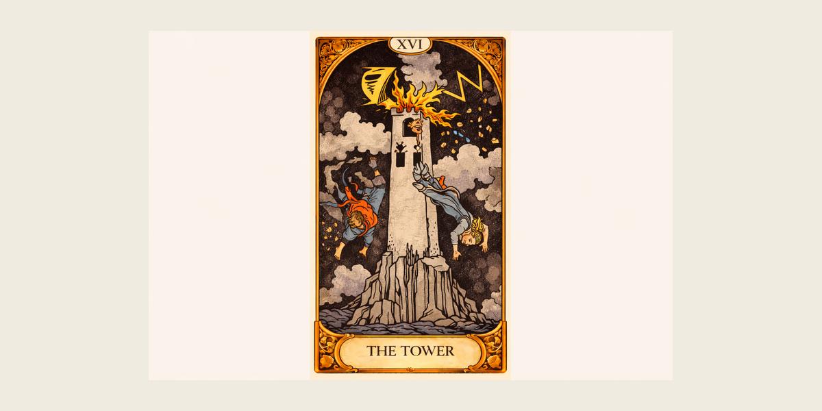 The Tower tarot card — Major Arcana XVI, depicting lightning striking a tower, the fall of ego, and divine liberation