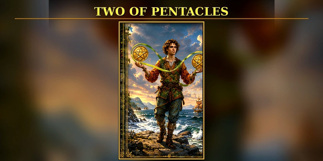 Two of Pentacles tarot artwork with exactly two clearly visible pentacles