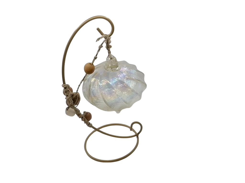 Handblown Iridescent Teardrop Glass Friendship Ornament with Macrame Hanger & Beads - Boho Artisan Decor on 9" Stand (From Roosters Peacock Personal Collection)