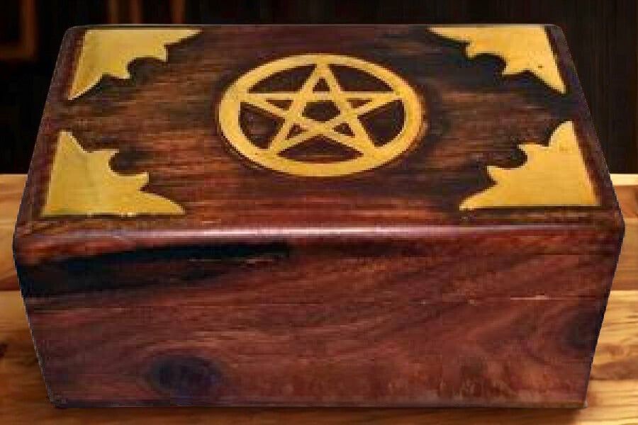 Pentagram Inlaid Wooden Storage Box 4" - Altar Keepsake & Ritual Tool Organizer