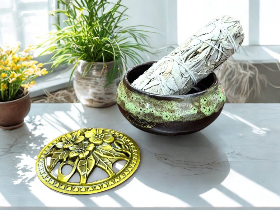 Ceramic Incense Burner Bowl with Floral Lid - 3.75 Inch Charcoal Holder (Choose Color)
