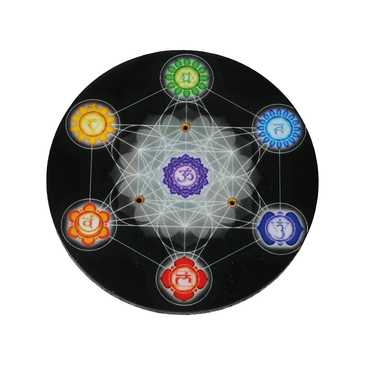 Black Wood Incense Holder | 7 Chakra & Metatron's Cube | 4" Round | Cone and Stick | Altar Decor