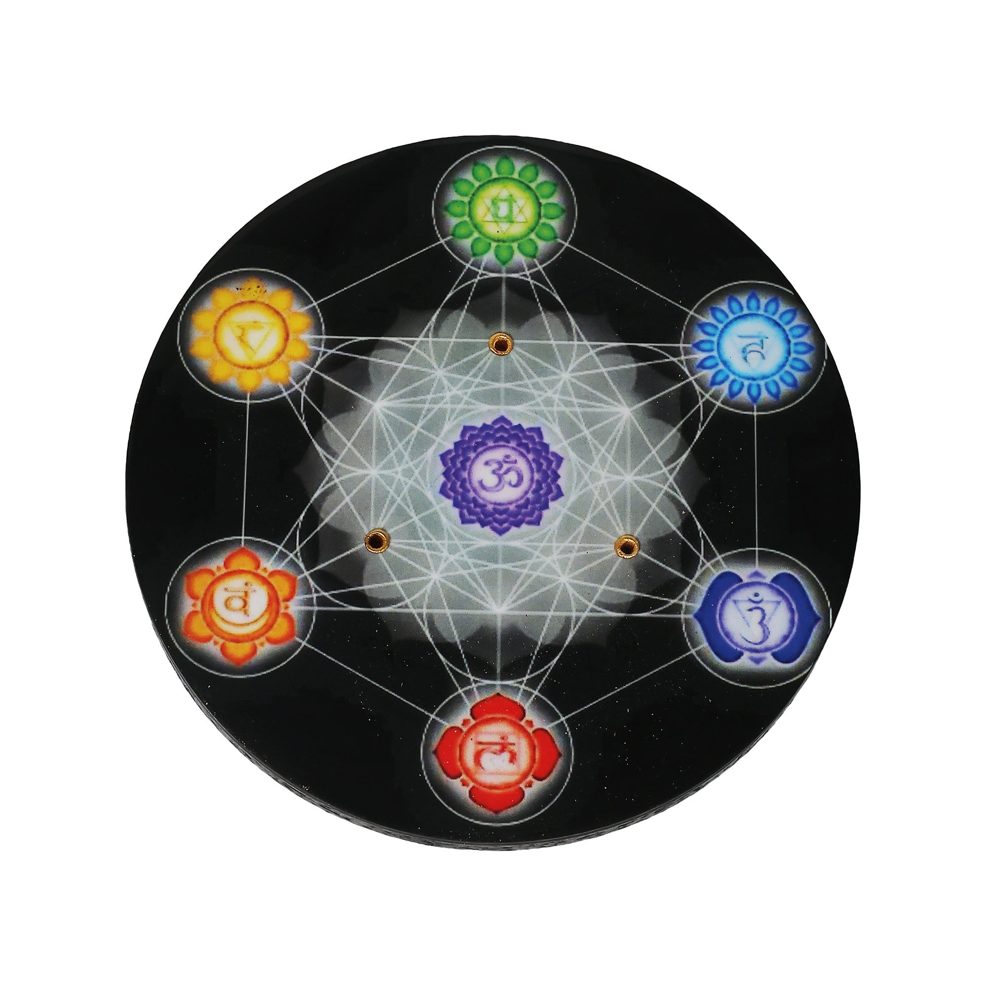 Black Wood Incense Holder | 7 Chakra & Metatron's Cube | 4" Round | Cone and Stick | Altar Decor