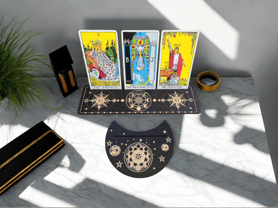 Wooden Tarot Card Holder 2 Piece Set | Moon Phase Design 3"W x 10"L