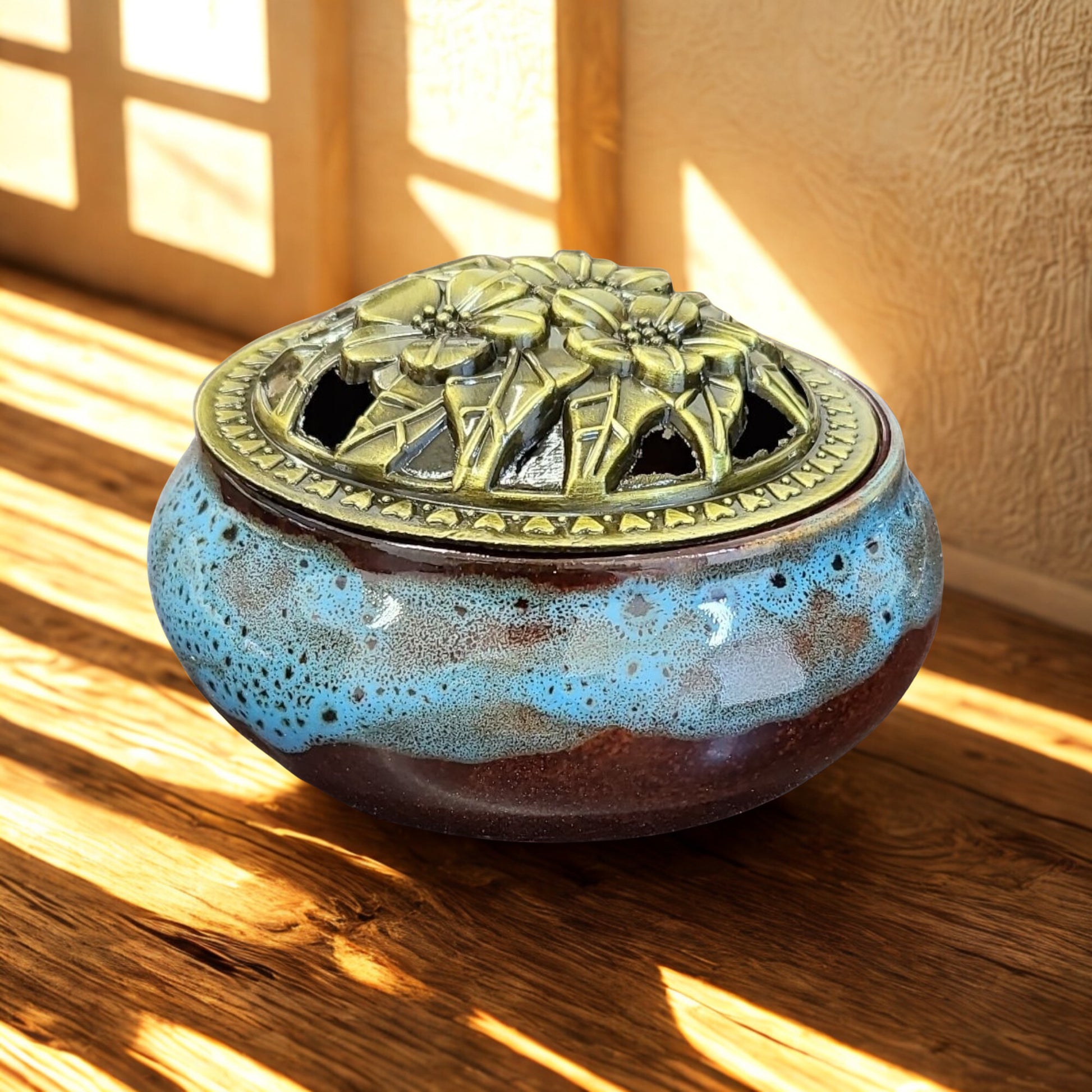 Ceramic Incense Burner Bowl with Floral Lid - 3.75 Inch Charcoal Holder (Choose Color)