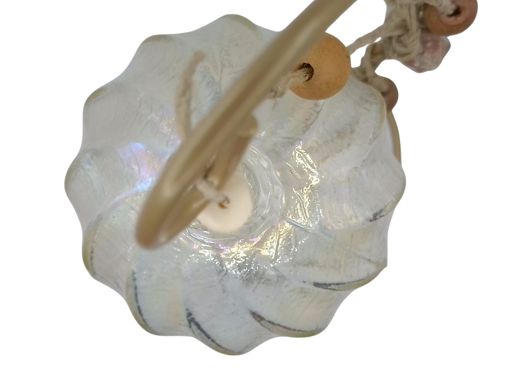 Handblown Iridescent Teardrop Glass Friendship Ornament with Macrame Hanger & Beads - Boho Artisan Decor on 9" Stand (From Roosters Peacock Personal Collection)