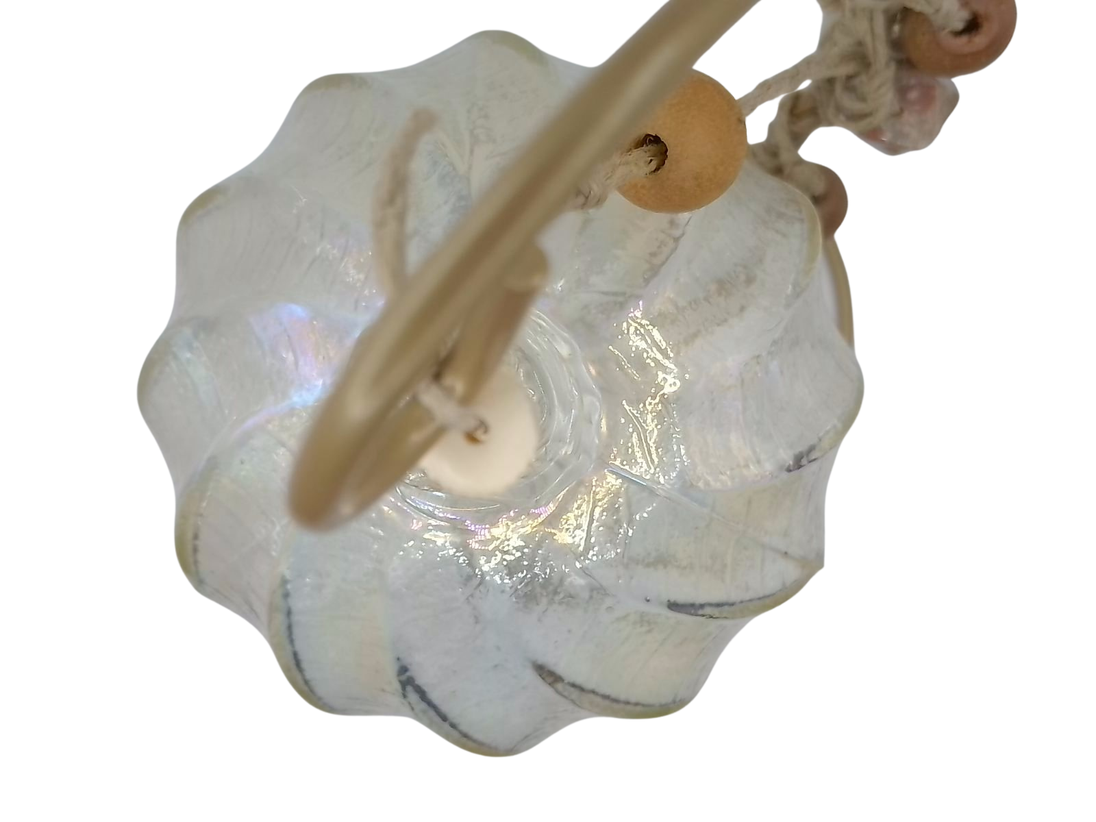 Handblown Iridescent Teardrop Glass Friendship Ornament with Macrame Hanger & Beads - Boho Artisan Decor on 9" Stand (From Roosters Peacock Personal Collection)