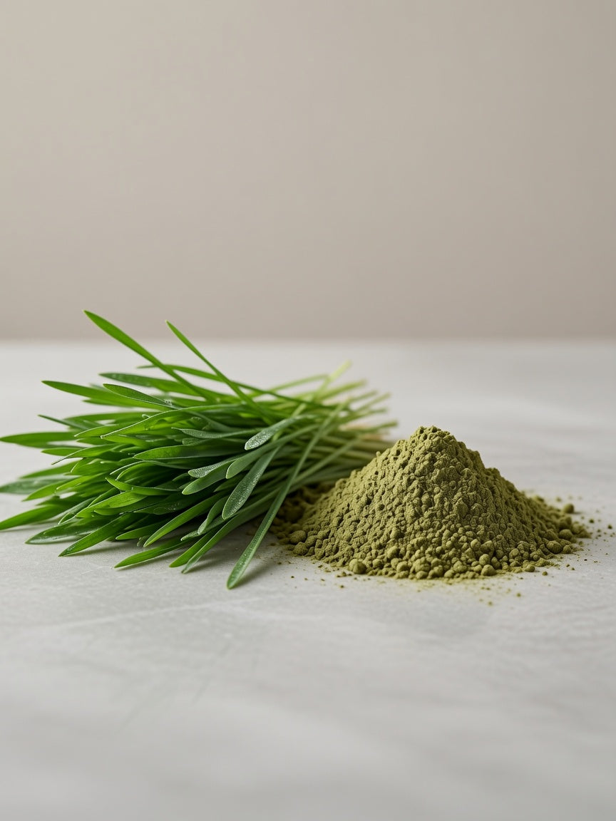 Fresh wheatgrass bundle next to pile of wheatgrass powder on marble