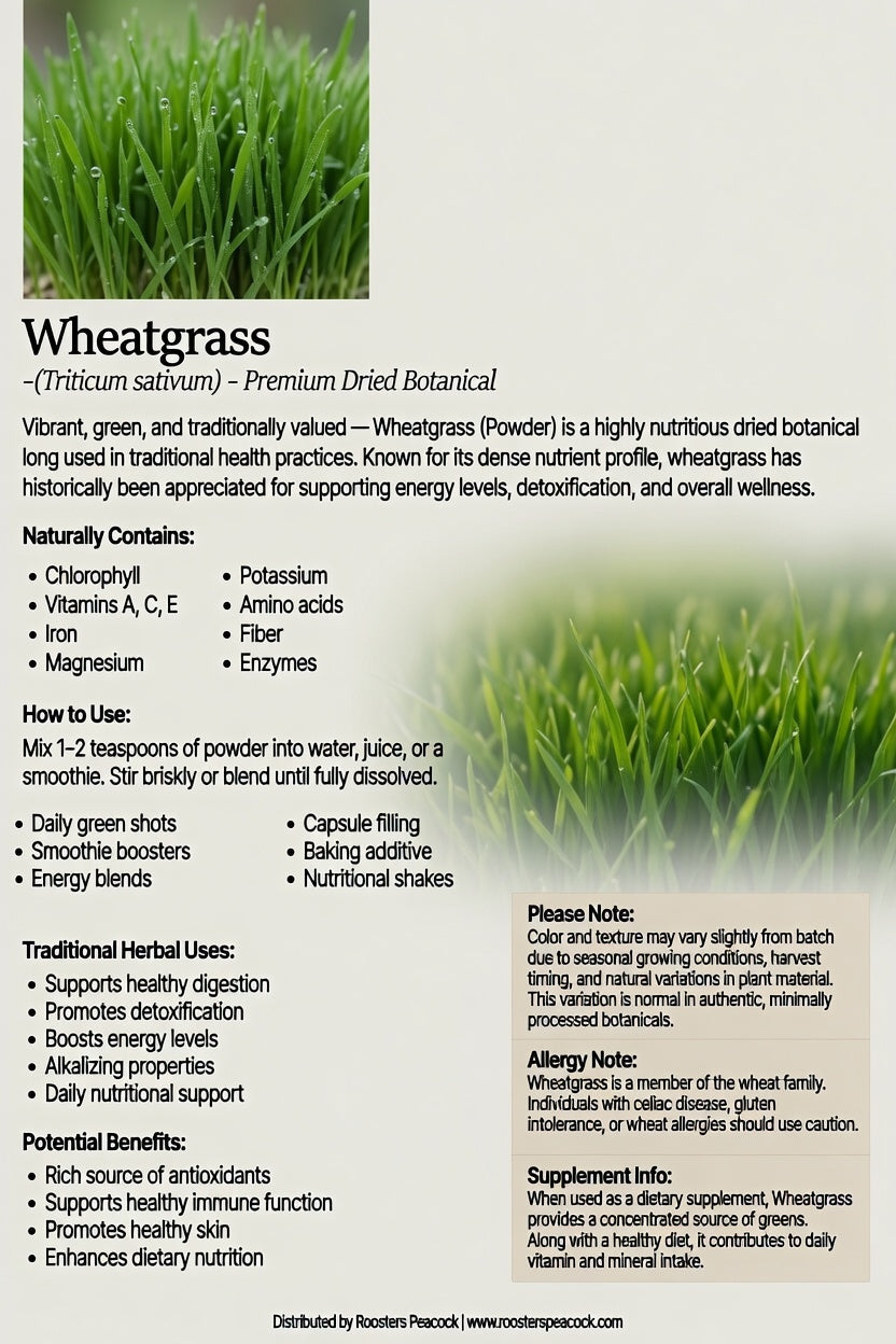 Wheatgrass powder and fresh wheatgrass blades on white marble surface