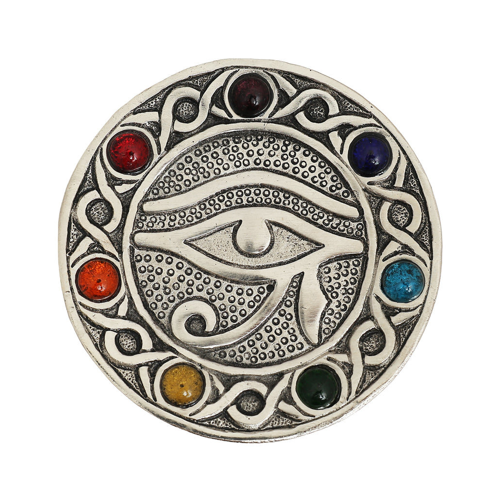 Eye of Horus 7 Chakra Stone Metal Incense Holder | 5" Round | Cone & Stick | Altar Decor