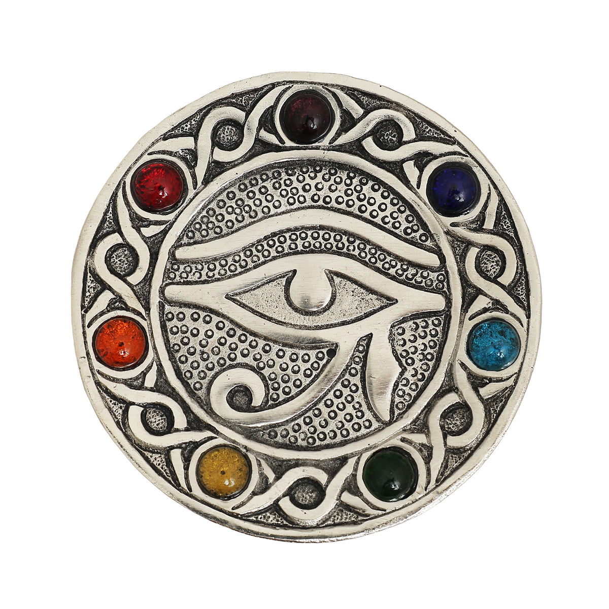 Eye of Horus 7 Chakra Stone Metal Incense Holder | 5" Round | Cone & Stick | Altar Decor