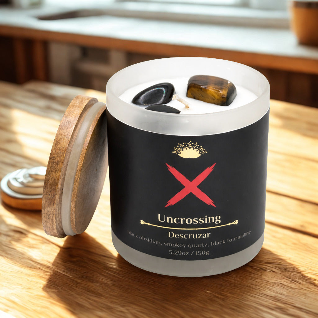 Uncrossing (Descruzar) Scented Crystal Candle | Black Obsidian, Smokey Quartz & Black Tourmaline | Soy Blend 5.29oz