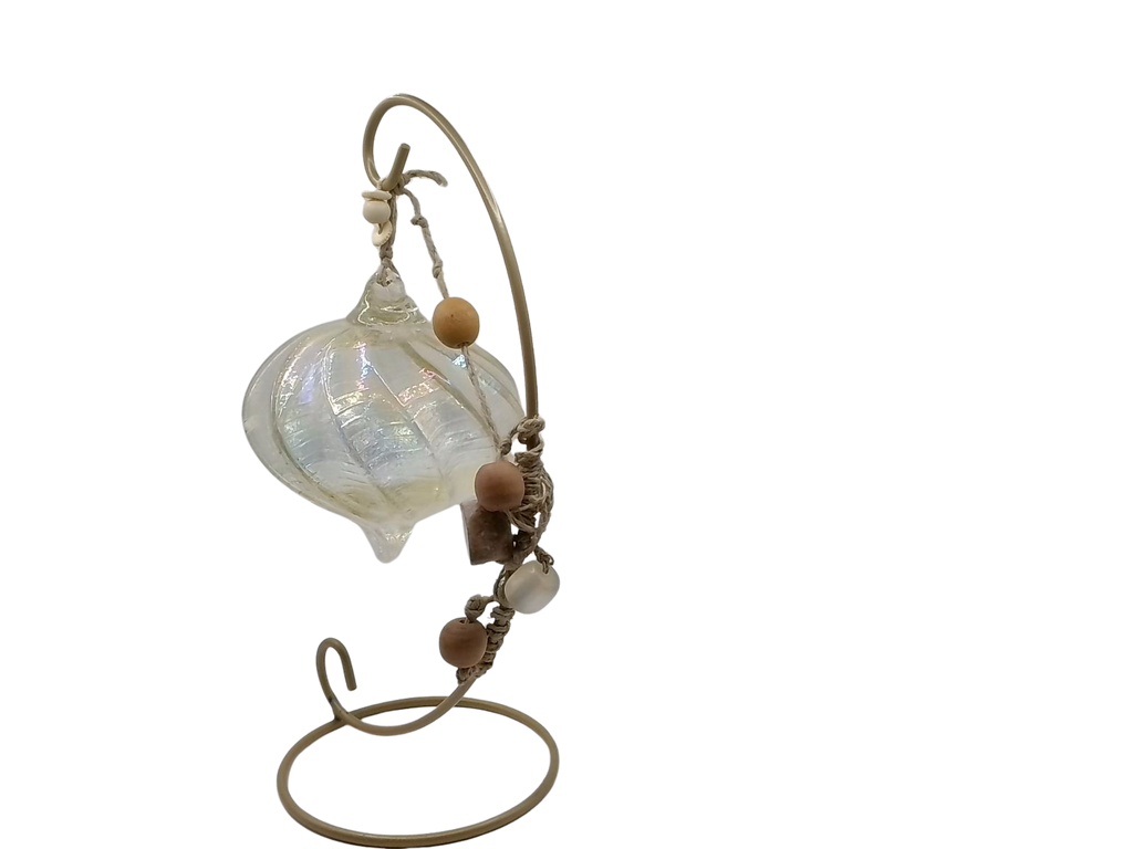 Handblown Iridescent Teardrop Glass Friendship Ornament with Macrame Hanger & Beads - Boho Artisan Decor on 9" Stand (From Roosters Peacock Personal Collection)