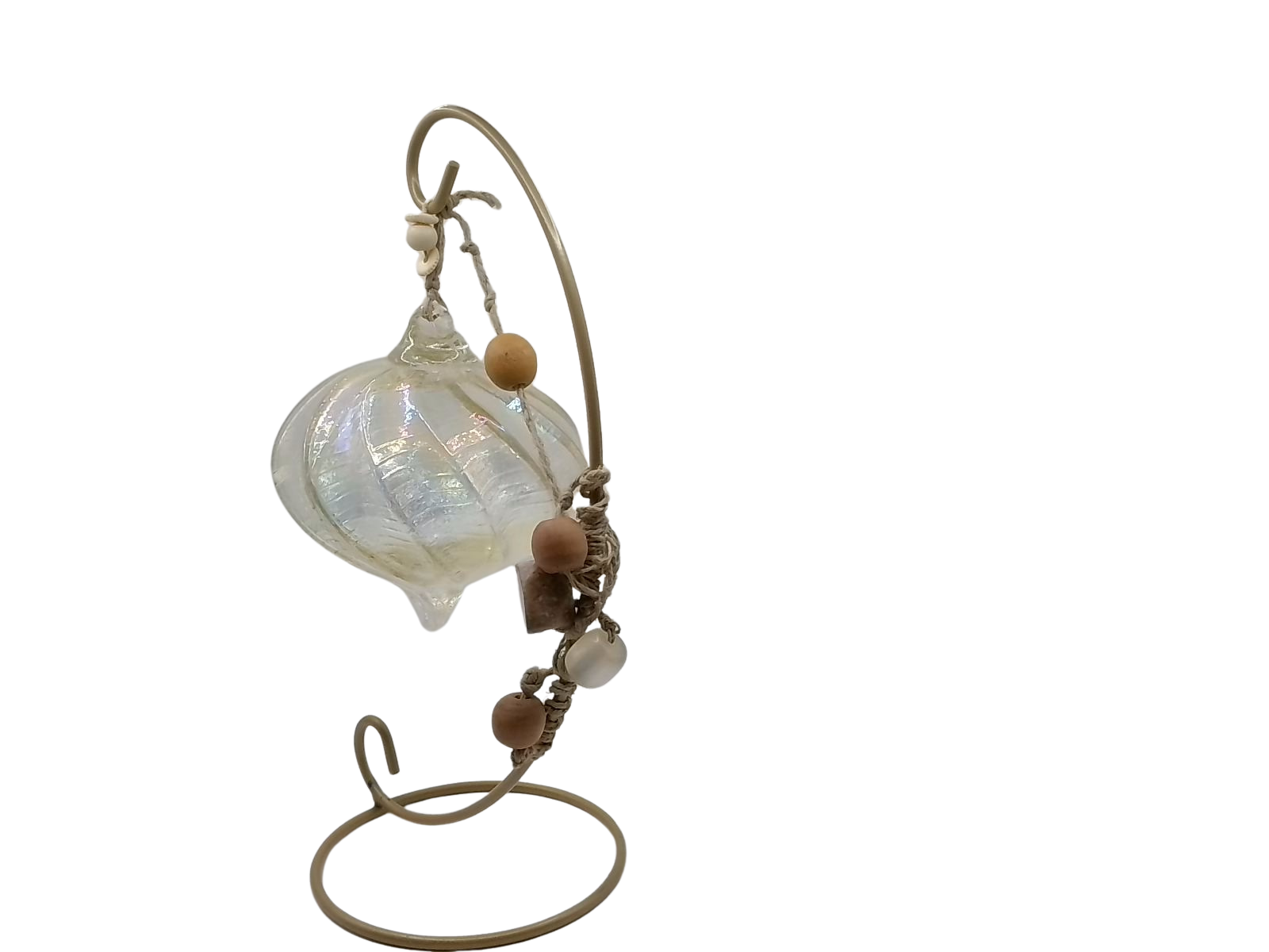 Handblown Iridescent Teardrop Glass Friendship Ornament with Macrame Hanger & Beads - Boho Artisan Decor on 9" Stand (From Roosters Peacock Personal Collection)