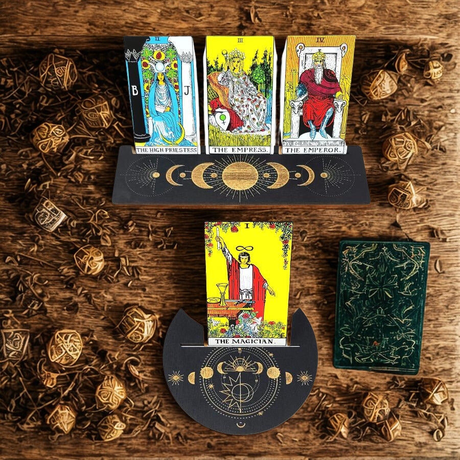 Wooden Tarot Card Holder 2 Piece Set | Moon Phase Design 3"W x 10"L