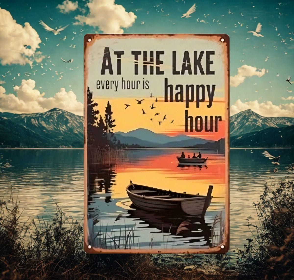 "At The Lake Every Hour Is Happy Hour" Metal Tin Sign 8x12 Inch - Lake House Wall Plaque with Sunset Boat Scene for Cabin, Kitchen, or Bar Decor