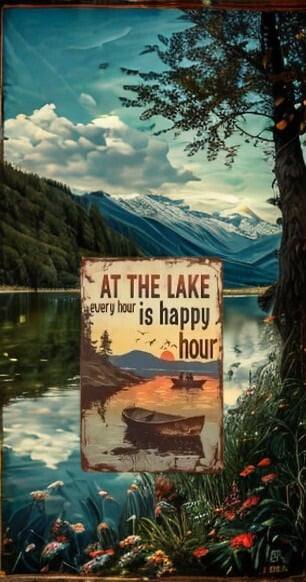 "At The Lake Every Hour Is Happy Hour" Metal Tin Sign 8x12 Inch - Lake House Wall Plaque with Sunset Boat Scene for Cabin, Kitchen, or Bar Decor
