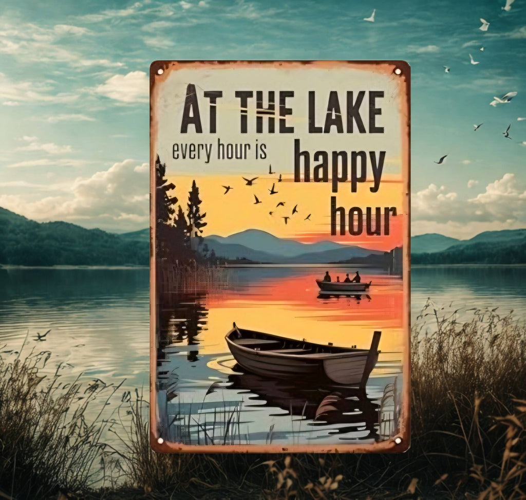 "At The Lake Every Hour Is Happy Hour" Metal Tin Sign 8x12 Inch - Lake House Wall Plaque with Sunset Boat Scene for Cabin, Kitchen, or Bar Decor