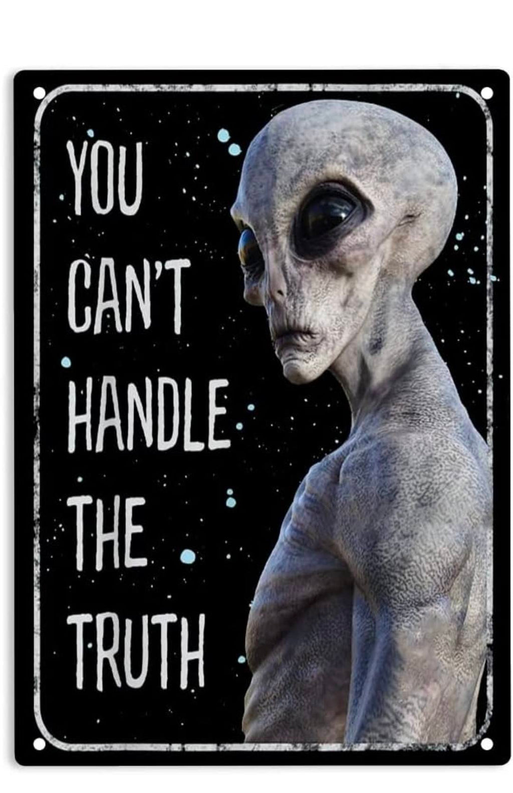 Retro Alien Conspiracy Metal Tin Sign 12x8 Inch - Humorous Area 51 UFO Wall Sign for Man Cave, She Shed, Bar, or Home Decor