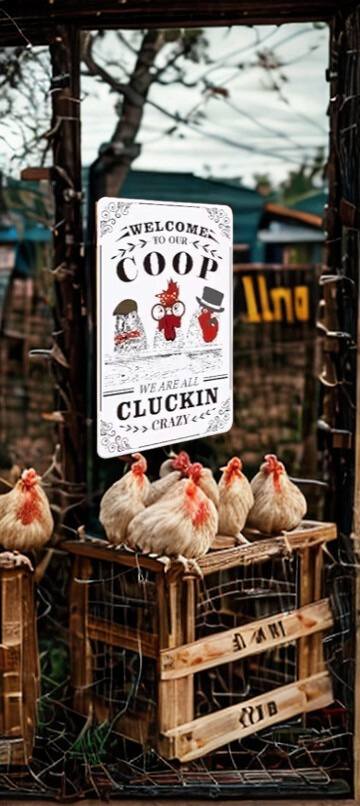 Chicken Coop Metal Tin Sign 8x12 Inch - "Welcome to Our Coop We Are All Cluckin' Crazy" Vintage Farmhouse Wall Plaque for Kitchen, Garden, or Home Decor