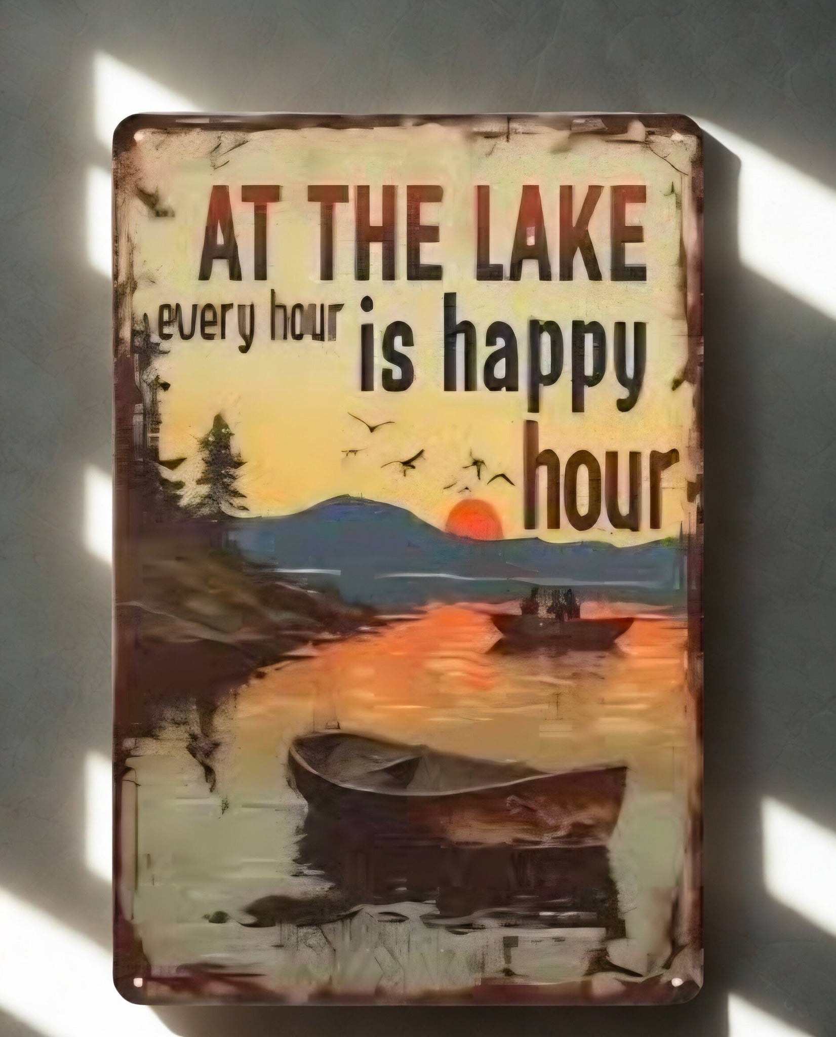 "At The Lake Every Hour Is Happy Hour" Metal Tin Sign 8x12 Inch - Lake House Wall Plaque with Sunset Boat Scene for Cabin, Kitchen, or Bar Decor