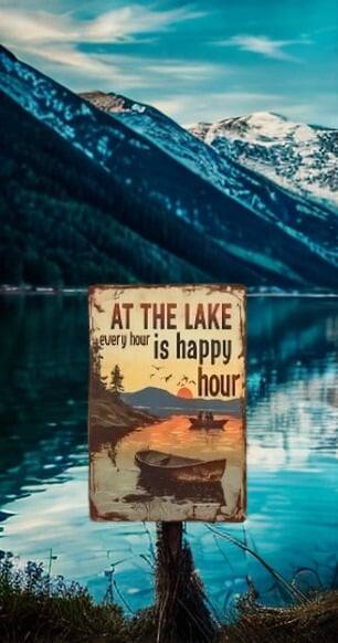 "At The Lake Every Hour Is Happy Hour" Metal Tin Sign 8x12 Inch - Lake House Wall Plaque with Sunset Boat Scene for Cabin, Kitchen, or Bar Decor