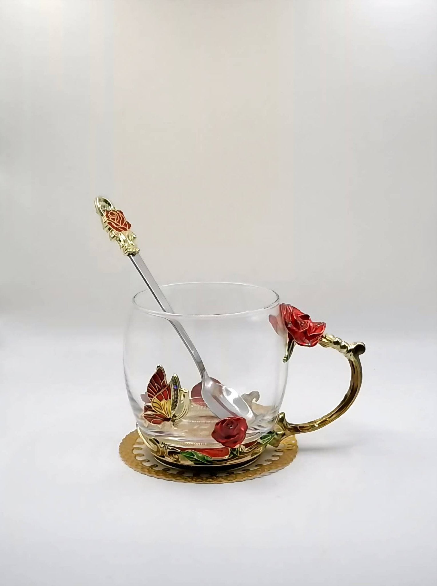 Enamel Rose & Butterfly Glass Tea Mug Set with Spoon & Coaster – Red Decorative Cup Gift