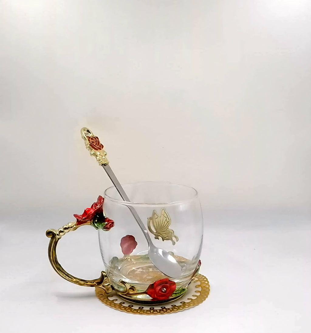 Enamel Rose & Butterfly Glass Tea Mug Set with Spoon & Coaster – Red Decorative Cup Gift