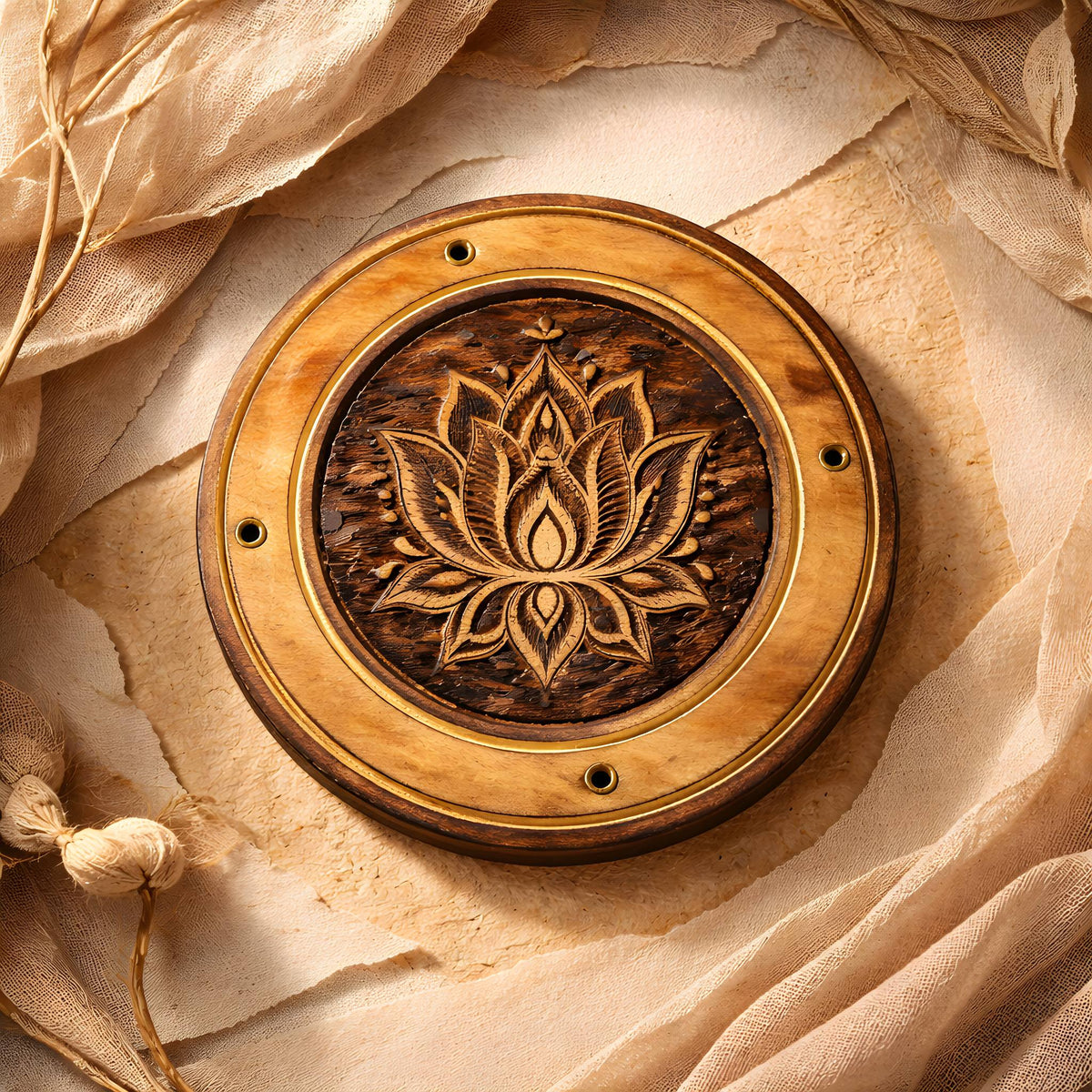 Wood Round Etched Incense Burner 4" | Choose Your Design | Lotus, Flower of Life, Dreamcatcher, Pentacle & Om