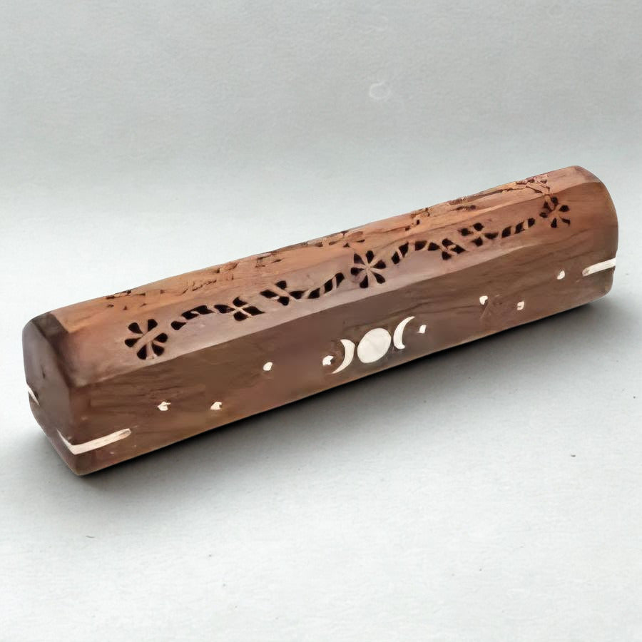 Triple Moon Wood Incense Box Burner 12"