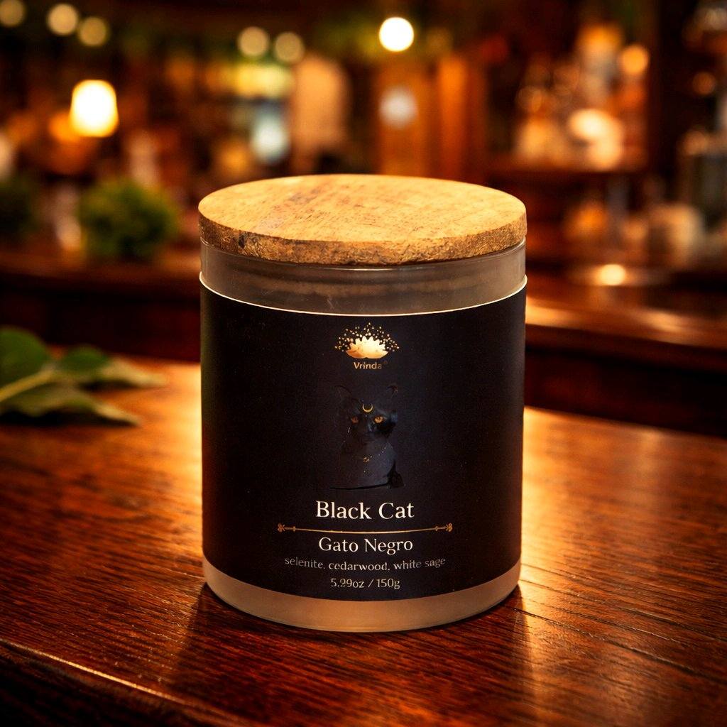 Black Cat (Gato Negro) Scented Crystal Candle | Selenite, Cedarwood & White Sage | Soy Blend 5.29oz