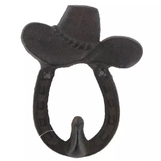 Cowboy Hat & Horseshoe Cast Iron Wall Hook | Rustic Western Farmhouse Decor