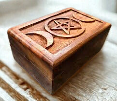 Triple Moon Pentagram Carved Wooden Box 4x6" - Wiccan Altar Storage